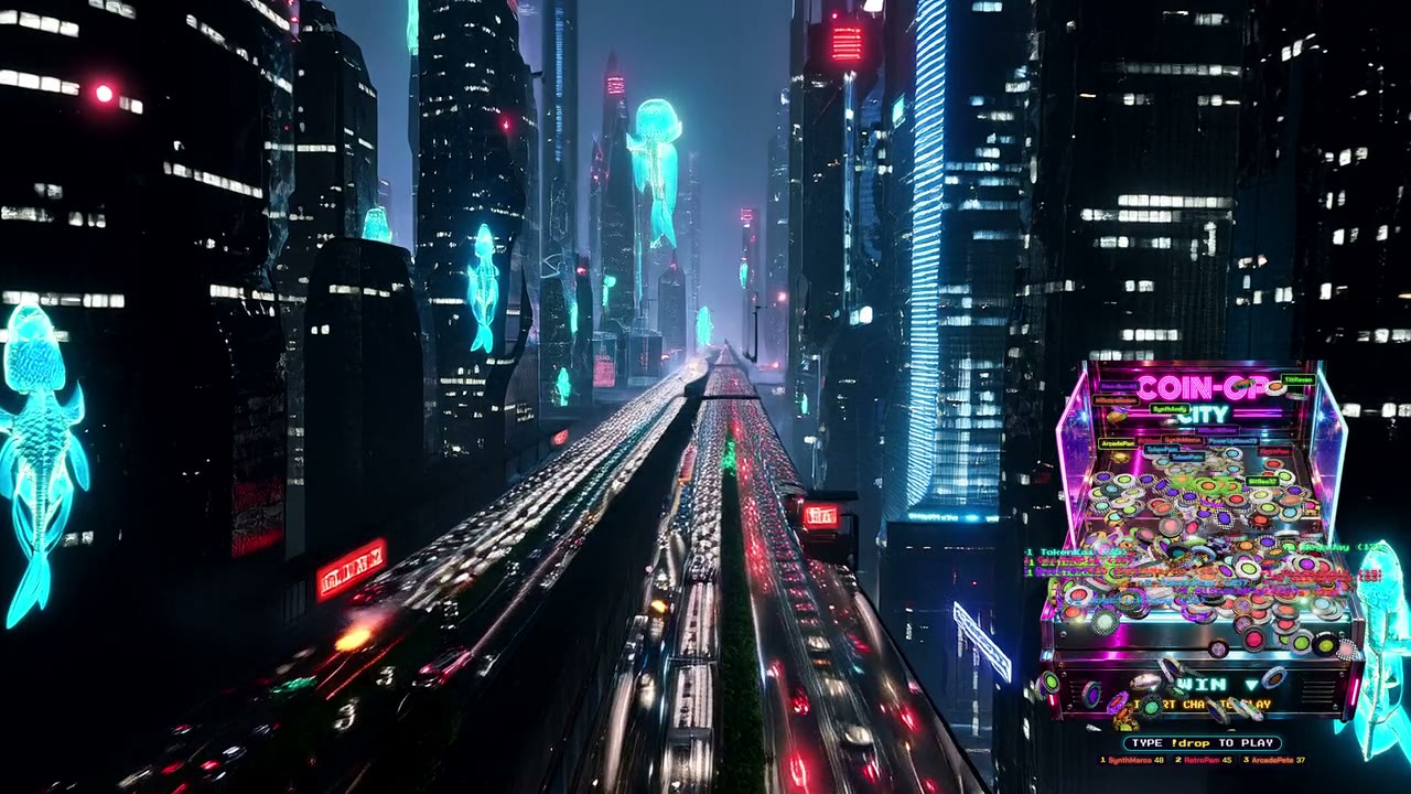 A stream with the Coin-Op City machine in the bottom-right corner
